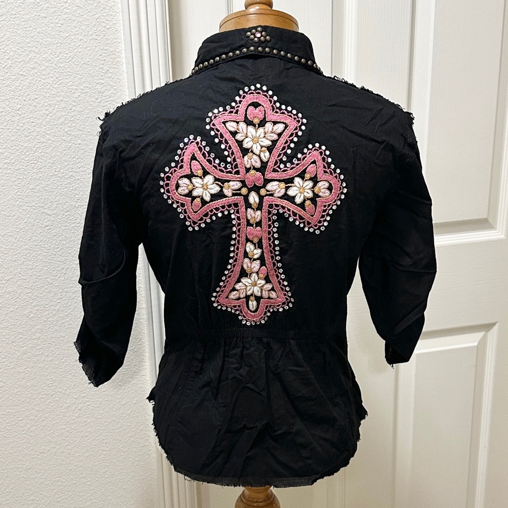 Vintage Soul Revival Black Shirt w/Studs, Rhinestones, Embroidered Cross - L